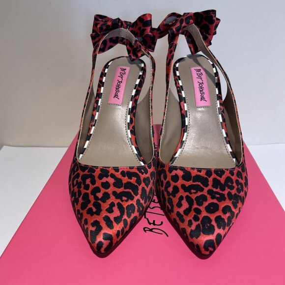 Betsey Johnson Leopard Sling Back Heels Shoes Size 7M Black Red Back Bow Sexy - Picture 3 of 11